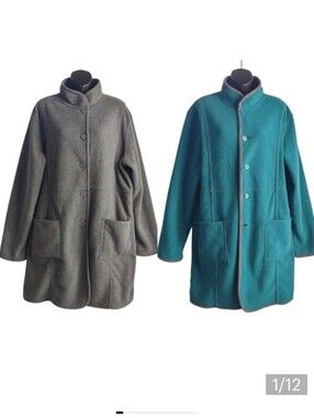 Susan Graver Womens Reversible Gray /Teal Fleece Long Sleeve Button Up Coat Sz L